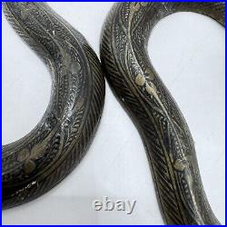 Cobra Brass Candle Holders Pair Old India Carved Unpolished Patina Art Deco