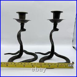 Cobra Brass Candle Holders Pair Old India Carved Unpolished Patina Art Deco