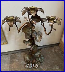 Copper Leaf And Flower Hand Forged 3 Candle Holder Candelabra Ornate 18 Tall