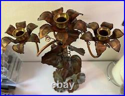 Copper Leaf And Flower Hand Forged 3 Candle Holder Candelabra Ornate 18 Tall