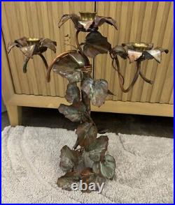 Copper Leaf And Flower Hand Forged 3 Candle Holder Candelabra Ornate 18 Tall