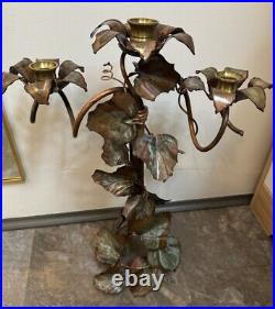 Copper Leaf And Flower Hand Forged 3 Candle Holder Candelabra Ornate 18 Tall