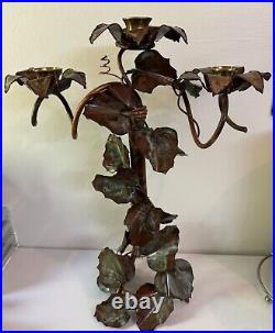 Copper Leaf And Flower Hand Forged 3 Candle Holder Candelabra Ornate 18 Tall