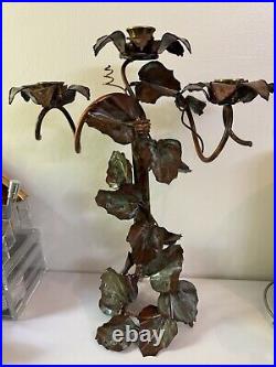 Copper Leaf And Flower Hand Forged 3 Candle Holder Candelabra Ornate 18 Tall