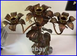 Copper Leaf And Flower Hand Forged 3 Candle Holder Candelabra Ornate 18 Tall