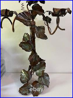 Copper Leaf And Flower Hand Forged 3 Candle Holder Candelabra Ornate 18 Tall