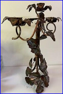 Copper Leaf And Flower Hand Forged 3 Candle Holder Candelabra Ornate 18 Tall