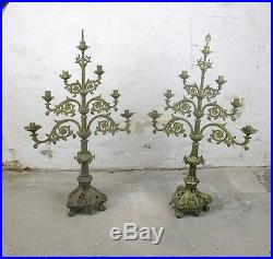 Couple Antique 19th C XL Candelabra 7 arm Church Altar Ornate Brass Adjustable