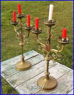 Couple Antique Brass Ornate 3 Arm Candle Holders Candelabra Church Shield
