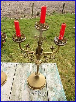 Couple Antique Brass Ornate 3 Arm Candle Holders Candelabra Church Shield