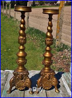 Couple Antique Church Altar Brass Candle Holders Mass Gothic Claw Feet Stunning
