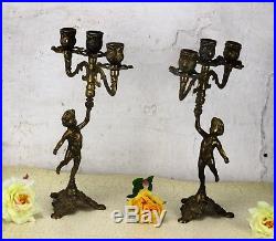 Couple Vintage Brass Ornate 3 Arm Candle Holder Candelabra Putti Cherub Eros