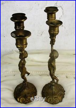 Couple Vintage Brass Ornate 3 Arm Candle Holder Candelabra Putti Eros Cherub