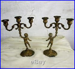 Couple Vintage Brass Ornate 3 Arm Candle Holder Candelabra Putti Eros Cherub