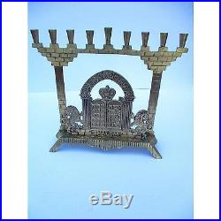 Covetable Antique Brass Menorah Israel Lion Torah Ten Commandments Judaica Lions