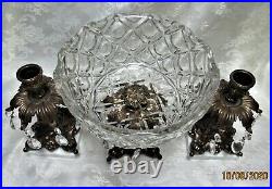 Crystal Brass Marble Compote Bowl Centerpiece 2 Matching Candle HoldersPrisms