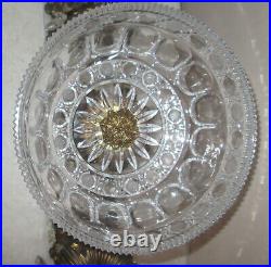 Crystal Brass Marble Compote Bowl Cut Glass Prism Centerpiece + 2 candleholders
