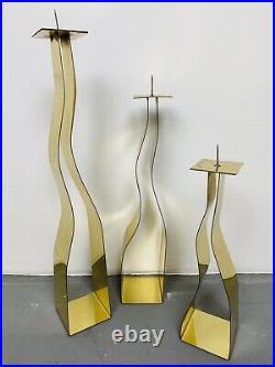 Curtis Jere Signed Brass Candle Holders, Set of 3, Mid Century Modern Style 1992