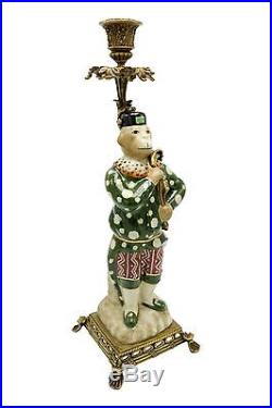 Cute Decorative Chinese Porcelain Monkey Figurine Brass Candle Stick Holder 15