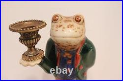 Cute Porcelain Frog Butler in Suit Figurine Brass Ormolu Candle Stick Holder