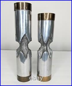 David Marshall Desenos Candlesticks 2 Brutalist Aluminum Brass 9 1/4 8 1/4 Pair