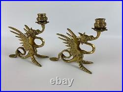 Dragon Phoenix Candle Holder Candlestick Antique Pair Brass Egypt Cairoware