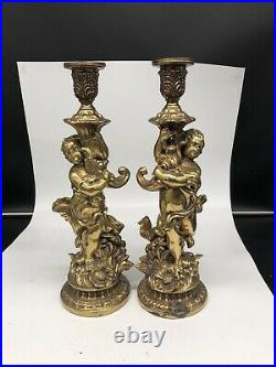 ESTATE antique/vintage Bronze/Brass CHERUB ANGELS Sconces Table candle holders
