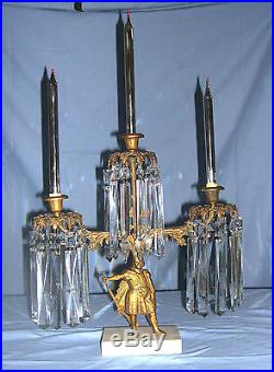 Early 1800s 3 Piece Brass & Marble Girandeol Set with Mantle Lustres and Candles