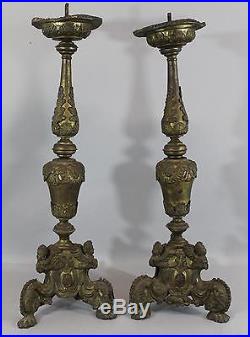 Early Antique 18thC Thin Pressed Brass 27in Tall Christian Angel Candlesticks