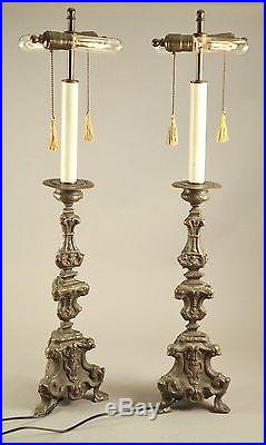 Early Antique 18thC Thin Pressed Brass Bronze 32.5 Tall Lamp Candlesticks