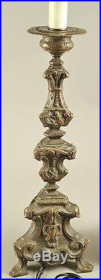 Early Antique 18thC Thin Pressed Brass Bronze 32.5 Tall Lamp Candlesticks