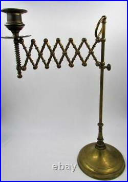Early Antique Brass Candlestick Accordion Arm & Bouillotte Post Extends Out & Up