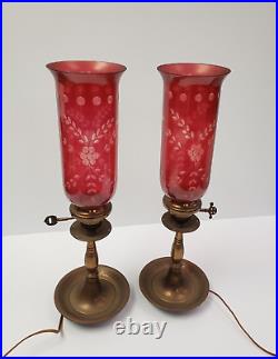Electried Pair 20 Cranberry Glass Hurricane Candlestick Lamps Mantle Brass Base