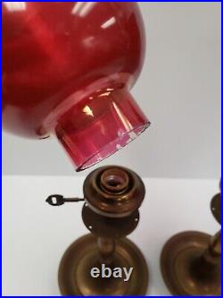 Electried Pair 20 Cranberry Glass Hurricane Candlestick Lamps Mantle Brass Base