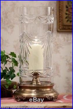 Elegant Antique Brass Swag Cut Crystal Hurricane Pillar Candle Holder 19H