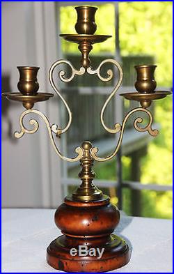 Elegant Solid Brass Wooden Candelabrum Candle Holders Italy On Sale