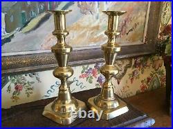 English Antique Brass Candleholders Pair Early 1900s 10 in