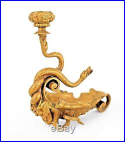 English Victorian Style (20th Cent.) Brass Candlestick in the Form of 2 Serpents