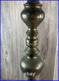 Etched Pair Brass Floor Candlesticks Altar Prayer Candle Holders 30 Inch Tall