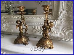 Exquisite Pair Of French Antique Ornate Gilt Brass Cherub Candle Holders