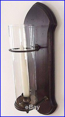 Fine Vintage 17 Inch High Candle Sconces Wood And Brass With Glass Shades