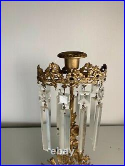 Floral brass candle stick holder with crystal prisms
