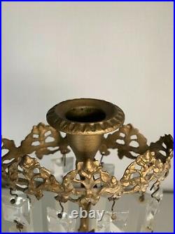 Floral brass candle stick holder with crystal prisms
