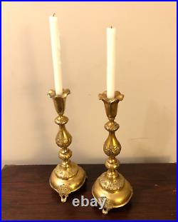 Fraget N Plaque Sabbath Candlesticks 19th Century Judaica a Pair #4222 15in