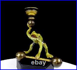 Franz Bergman Style Cold Painted Brass Weight Lifting Frog 4 3/4 Candle Holder