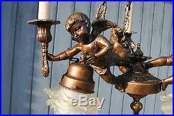 French 1950 spelter brass Angels putti cherubs chandelier candleholder 3 arms