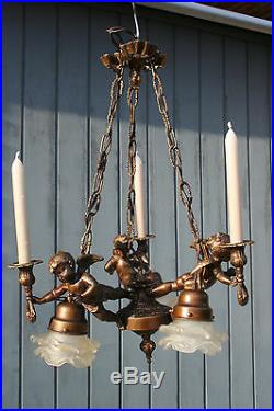 French 1950 spelter brass Angels putti cherubs chandelier candleholder 3 arms