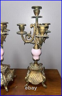 French Brass & Porcelain Candelabra Candle Holder Hand Painted-Set/Pair