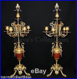 French Louis XVI Style Candelabras Lamp Pair Gilded Ormolu Rouge Griotte Marble