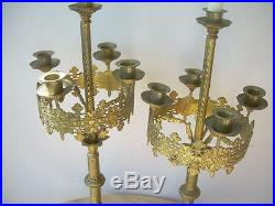 French Pair Antique Bronze & Brass Altar Candlesticks